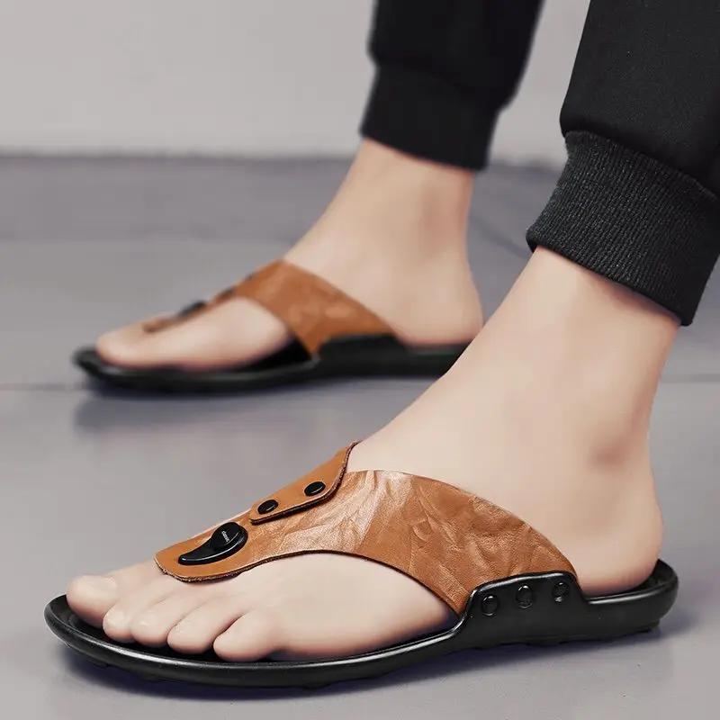 

Flat Flip Flops Genuine Leathe Shoes Shiatsu Sandals Man Fun Casual Designer Luxury Mascullino 2025 Style Eva Slippers for Men 45