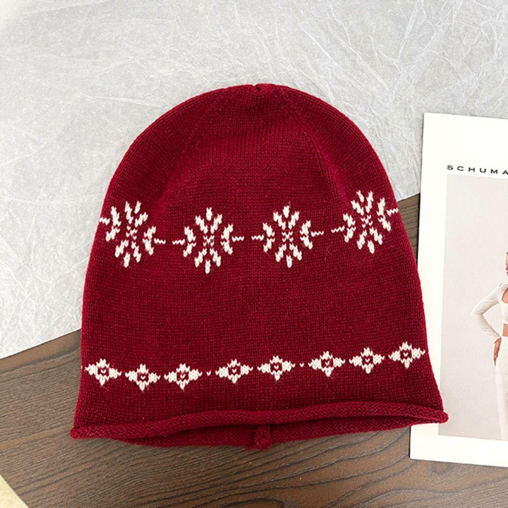Warm Jacquard Knitted Hat Curled Edge Ear Protection Hat Retro Printing Knit Cap  Winter