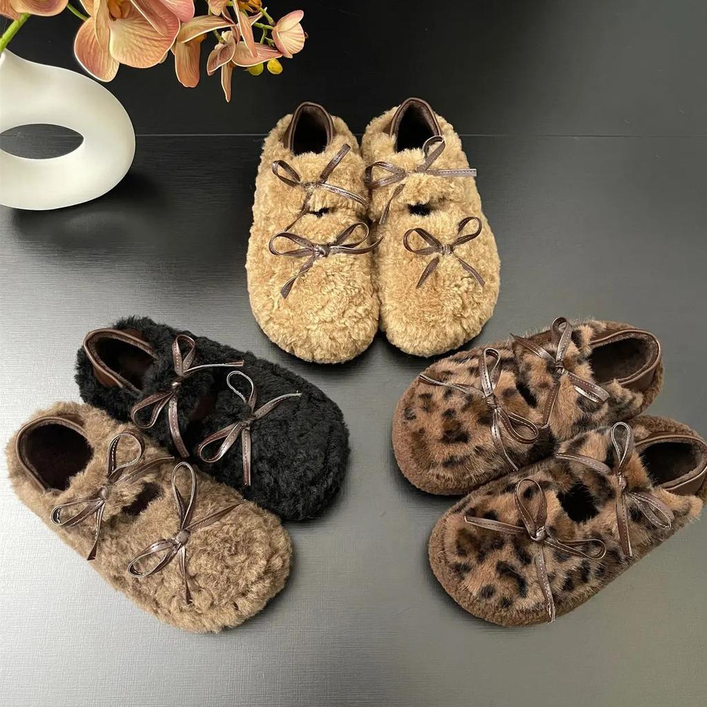 Casual single shoes women's 2025 autumn and winter new soft-soled suede warm Korean version comfortable bow two wear Mao Mao shoes