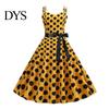 Vinatge 60s Sundress Women Dress Retro A-line Big Swing Tight High Waist Bow Decor Sleeveless V Neck Back Zipper Dot Print Contrast Color Party