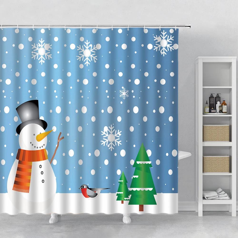 Happy Snowman Christmas Shower Curtain Snowflake Santa Claus New Year Gift Bathroom Waterproof Bath Curtain Home Decor With Hook