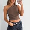 Sleeveless Diagonal Shoulder Women Vest Tops 2024 Backless Casual T-shirt Woman Solid Color Slim Fit Simple Tee Shirt 30618