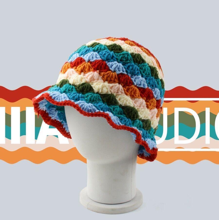 Dopamine Rhombus Rainbow Knitted Bucket Hat Women'S Autumn And Winter Korean Version Versatile Face Small Wool Hat Literary Bucket Hat