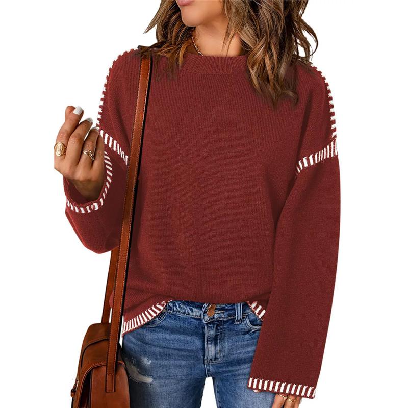 

Осень Зима Женский Свитер Однотонный Круглый Вырез Свободный Длинный Рукав Цвет Блокировка Витой Цветок Вязаный Пуловер Свитера 3XL кирпич красный