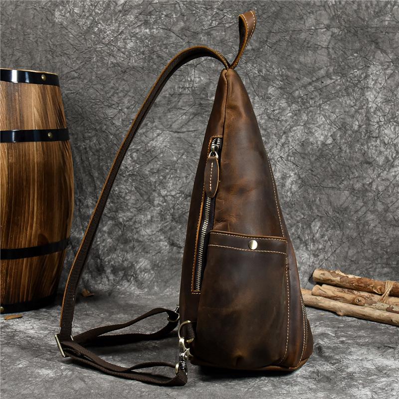 Men'S Retro Leather Breast Bag Crazy Horse Leather Multi-Functional Backpack Large Capacity Messenger Bag Cowhide Shoulder Bag Men'S Bag