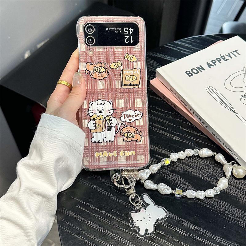 Korean Cute Cat Puppy Phone Case For Samsung Galaxy Z Flip 6 5 4 3 Cover with Chain Stand Holder Kawaii Cartoon Hard Cases Flip6