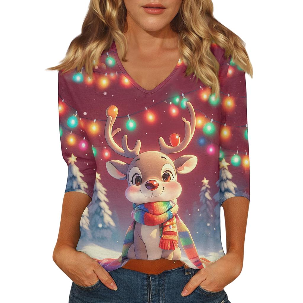 Dámský vánoční potištěný módní ležérní top se sedmiosminovými rukávy a výstřihem do V