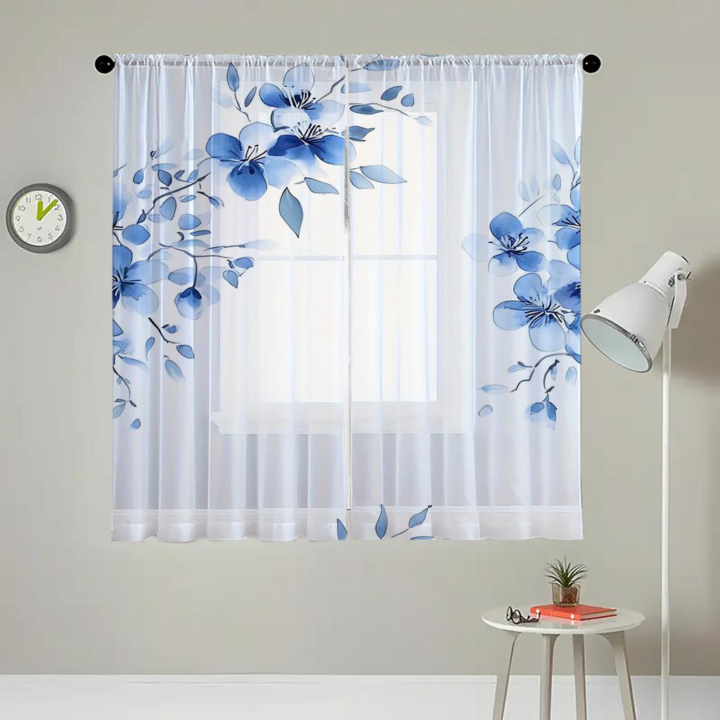 2 pezzi Rete per finestre stampata HD digitale Foglia Blu Fiore Blu Decorazione per la casa Stile Decorazione Soggiorno Camera da letto Asta