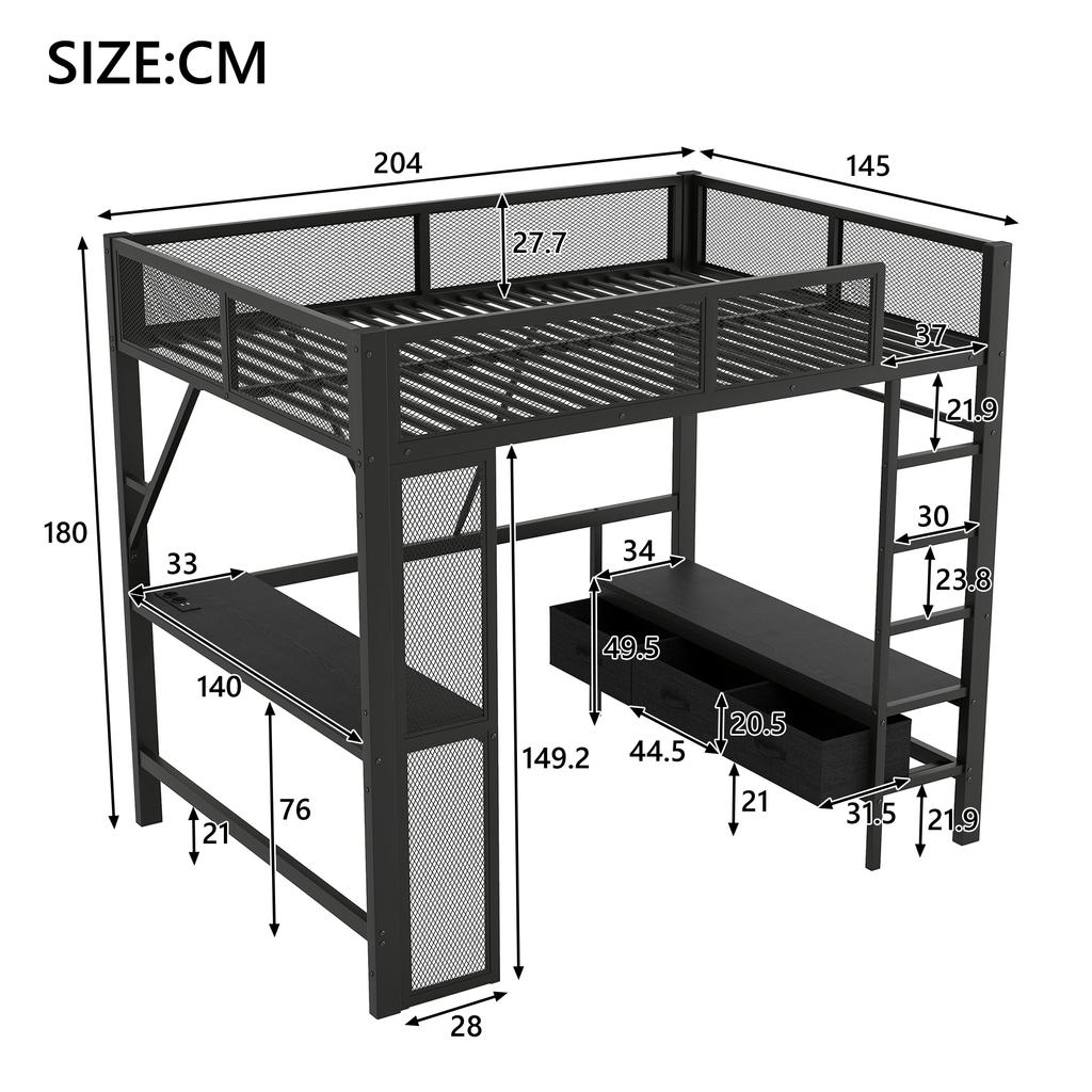 Letto a soppalco in metallo per giocare 140 x 200 cm con USB, LED, Scrivania, Armadio Aperto e 3 Cassetti per Biancheria, Nero