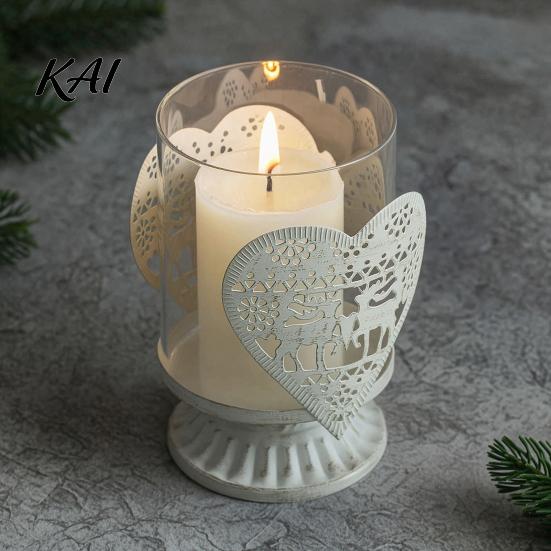 Holiday Gift for Her 2Pcs Christmas Hollow Metal Candle Holder, Vintage Tabletop Tealight Lantern, Xmas Glass Lamp Elk, Tree, Star & Heart Silhouette