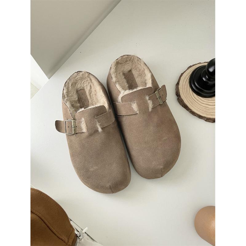 2025 new autumn and winter leather inner heightening loafer cotton drag loafer shoes women's bag head half slippers outer hair slippers