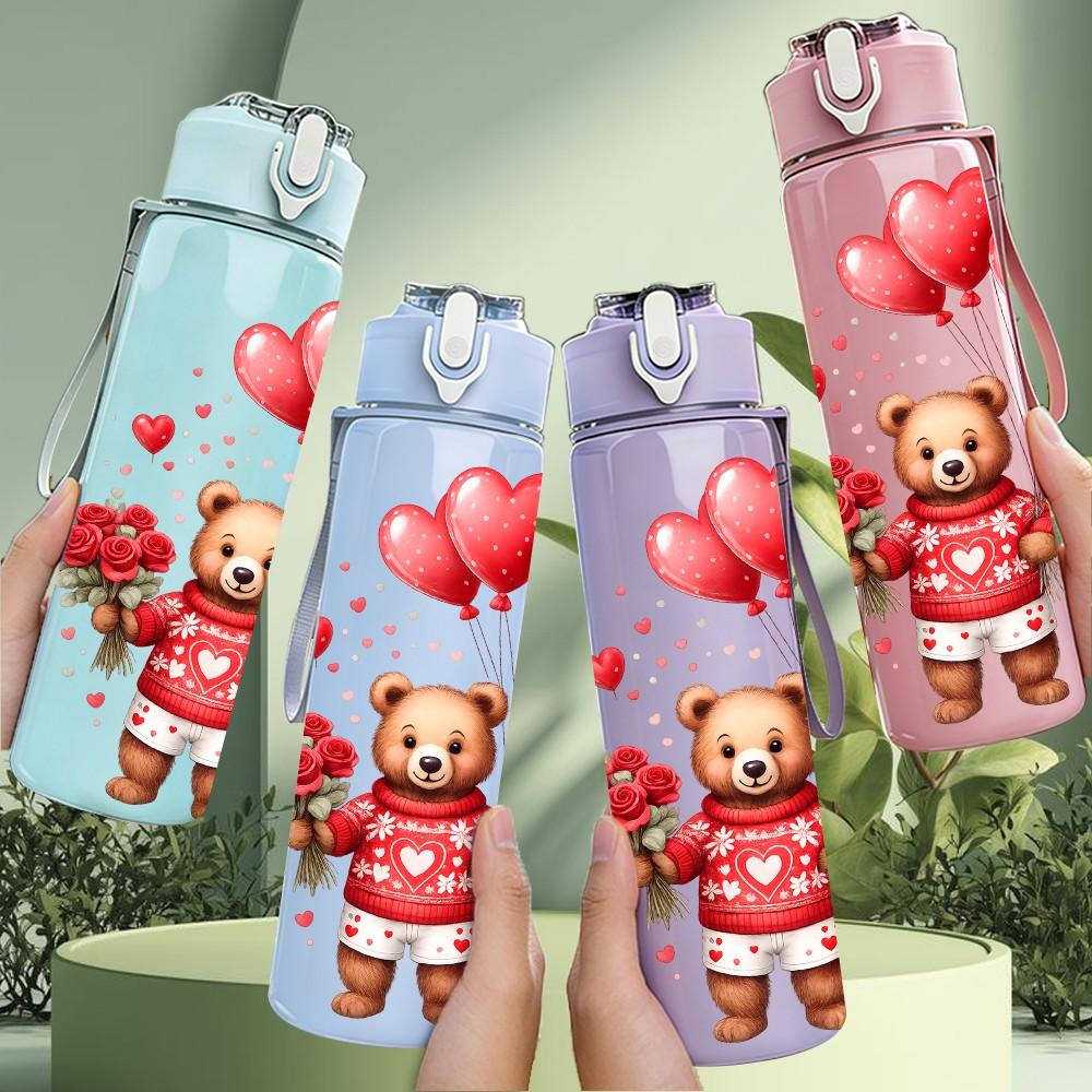 1PC Teddy Bear Heart Love Gift Print 750ml Color Plastic Sports Water Bottle Leakproof Flip Straw Lid Suitable for Sports Office Home Use