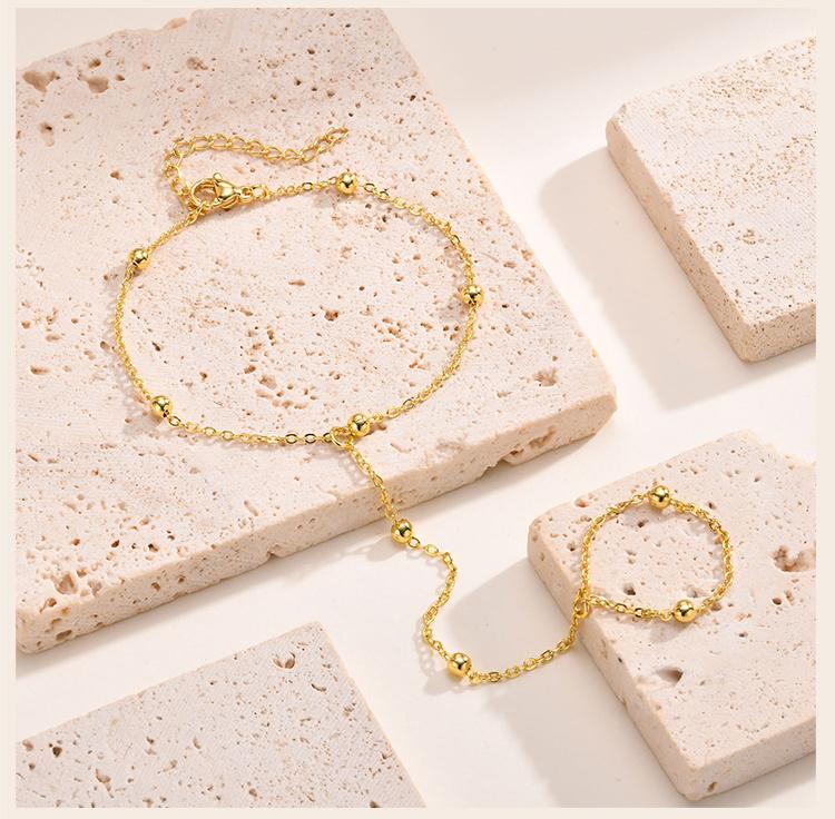 CZ Charms Chain Bracelet with Finger Ring, Fashion Wrist Jewelry for Women Gift, Cubic Zirconia Pearls Beaded Minimalist Jewelry