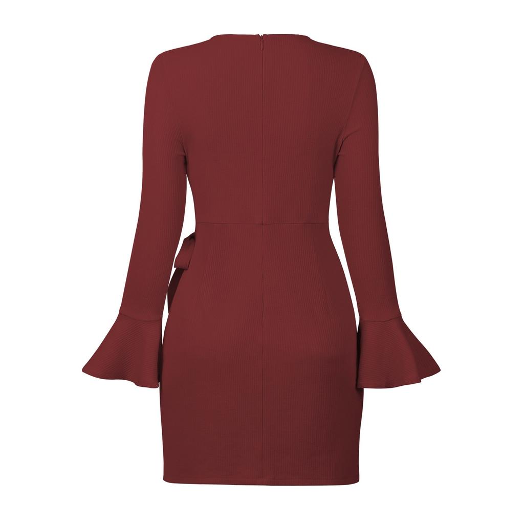Fashion Women's Casual  Ruffled Long Sleeve Slim Bow Elegant Check Dress