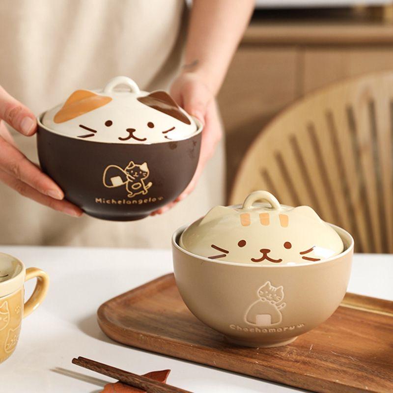 Japanese Cat Ceramic Noodle Bowl with Lid – Cute Ramen, Noodle, and Soup Bowl for Home or Gift