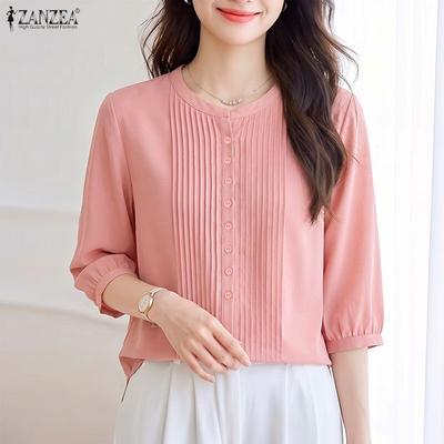 Women Casual Round Neck Solid Color Loose 3/4 Sleeve Blouse