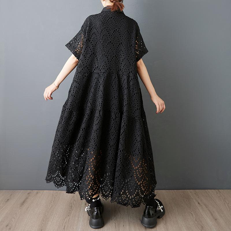 Heavy-Embroidered Lace Shirt Dress Fashionable Loose-Fitting Casual Maxi Dress