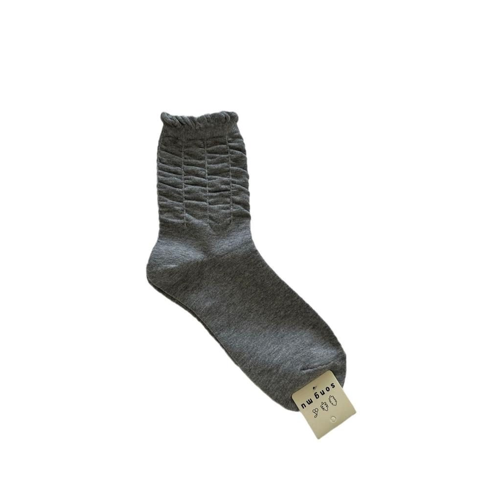Shirring Lace Socks Mid-Tube Niche Simple Style Spring And Autumn New Product Stack Socks Solid Color Student Socks Casual