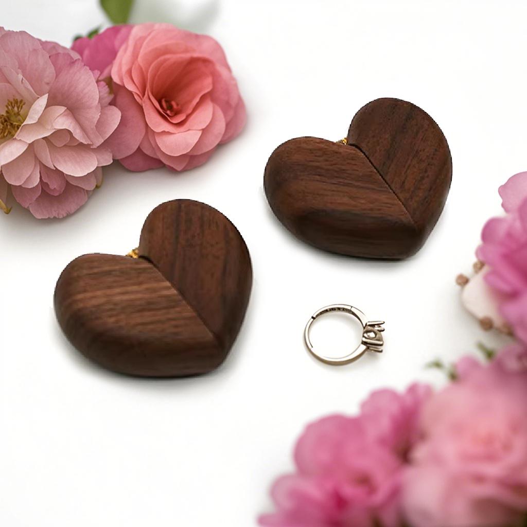 Heart Flip Ring Box, Wedding Engagement Ring Box Walnut Wood Engagement Ring Holder Personalized Gift Anniversary Gifts Couples