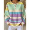 Women's Waffle Henley Collar Long Sleeve Top Macaron Colorful Horizontal Stripe Print Casual Pullover