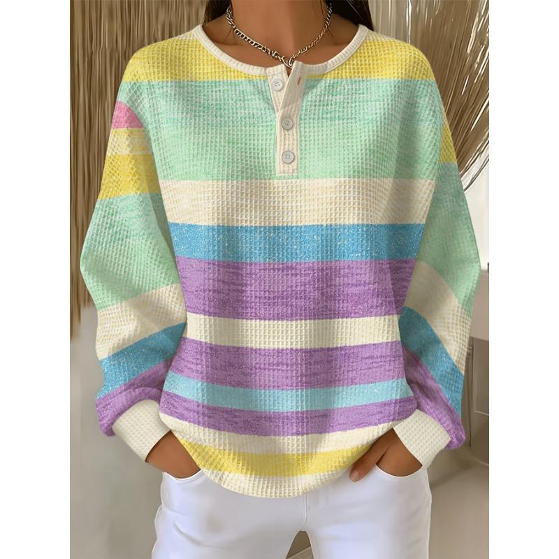 Women's Waffle Henley Collar Long Sleeve Top Macaron Colorful Horizontal Stripe Print Casual Pullover