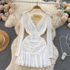 Women Casual Sleeve Long Neck V Solid Color Dress Waist High A Line Sheath Spring Elastic Mini