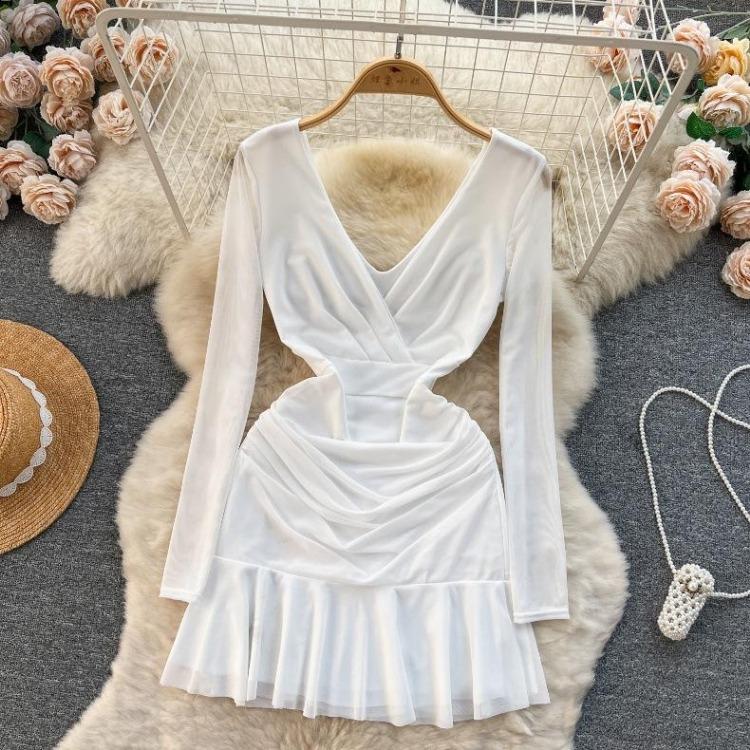 Women Casual Sleeve Long Neck V Solid Color Dress Waist High A Line Sheath Spring Elastic Mini