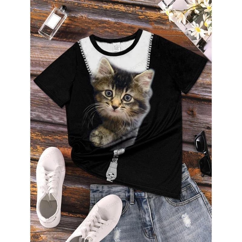 Summer Round Neck 3D Cat Print Top Fashionable Casual Short Sleeved Women's T-shirts