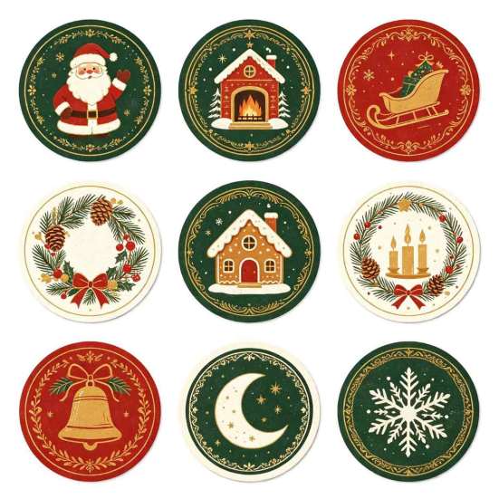 Christmas Wooden Coasters 9Pcs Set, Heat Resistant Cup Mats, Waterproof Non Slip Drink Round Table Protection Mats for Home Office Desk Accessories