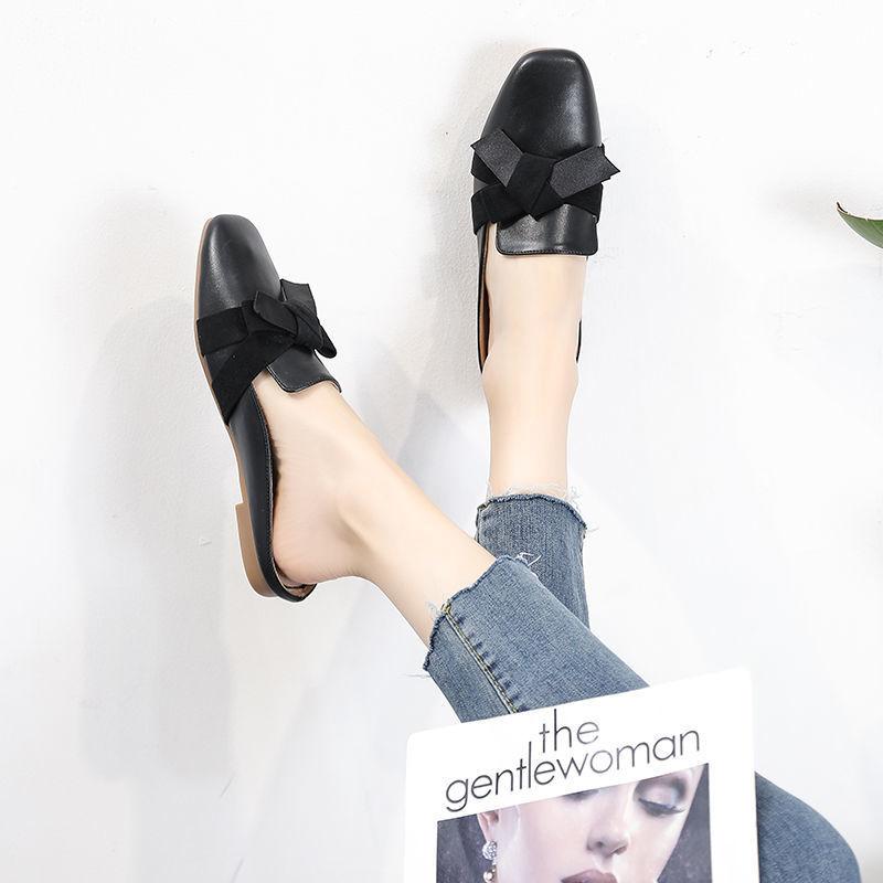 Baotou Half Tray Single Shoes Women's 2025 Autumn Models Flat Bottom Versatile Fashion Soft Leather Bow Square Head Internet Celebrity Lazy