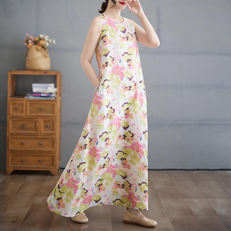 Sommer Neues Künstlerisch Bedrucktes Rundhals Ärmelloses Kleid Damen