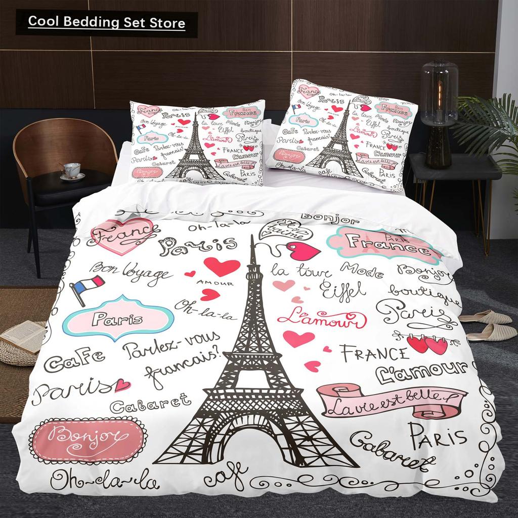 Eiffel Tower Flowers King Queen Duvet Cover Famous Architecture In Paris Bedding Set for Women Romantic Polyester Quilt Cover