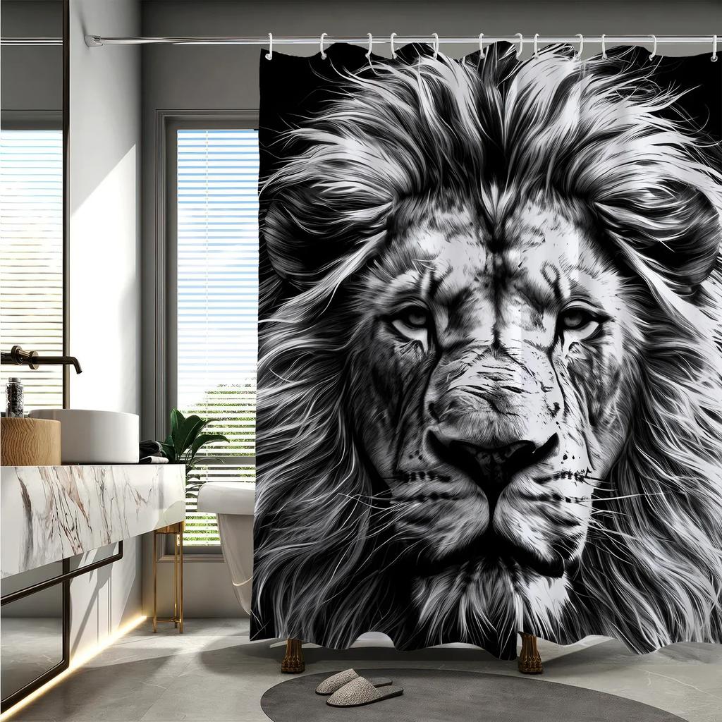 Lion motif digital print shower curtain