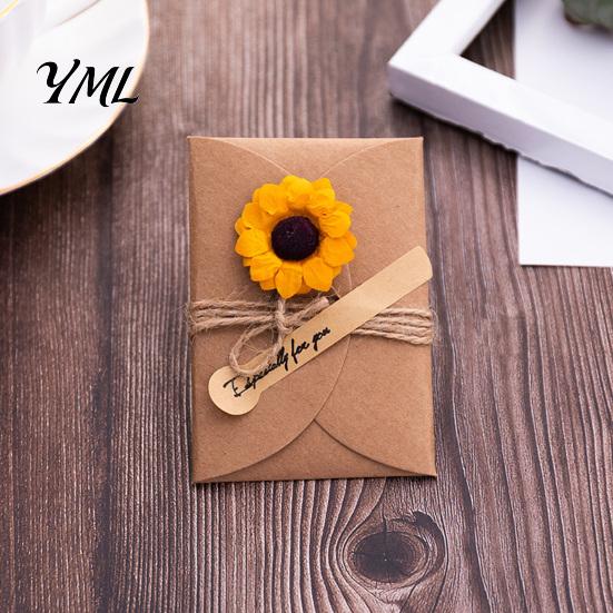 Exquisite Holiday Celebration Cards 5Pcs DIY Dried Flower Greeting Cards, Handmade Note with Artificial Flowers, Jute Twine Romantic Sunflower