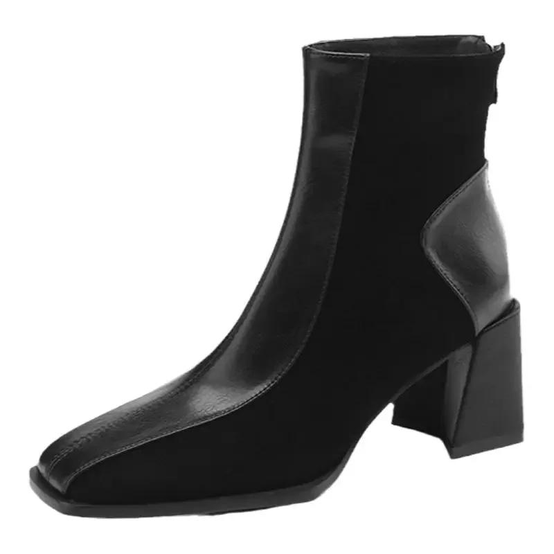 

Винтажные женские ботильоны с квадратным носком, модные короткие ботильоны с молнией сзади, осенне-зимние женские лаконичные офисные туфли на толстом каблуке 39 чёрный