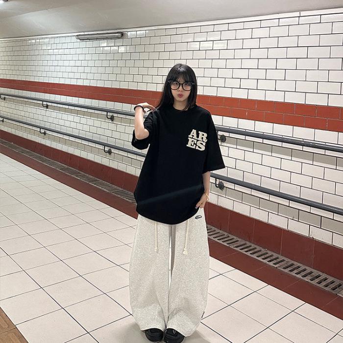 

Модная летняя хлопковая футболка с принтом букв, с коротким рукавом, свободная, повседневная L чёрный