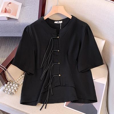 Plus Size Women's New Chinese Style Disc Buckle Temperament Simple Thin Short Sleeved Blouse