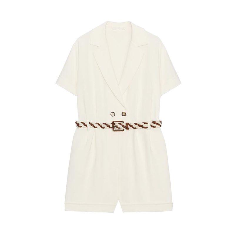 

Летняя новинка Женская одежда Плиссированная отделка Короткий рукав Лацканы Тканый пояс Короткий комбинезон 5029118 Light beige L