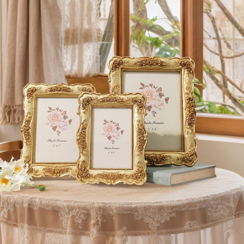 Antique Gold Carved Picture Frame With Ornate Florals Embossed For Wall Hanging Or Tabletop Decoration Photo Display