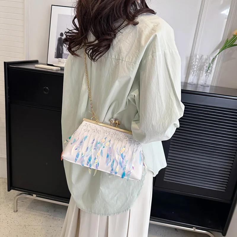 Sequin Messenger Bag for Women  Prom Clutch Shoulder Bags Classic Lock Shell Clip Fringe Handbags White Gold