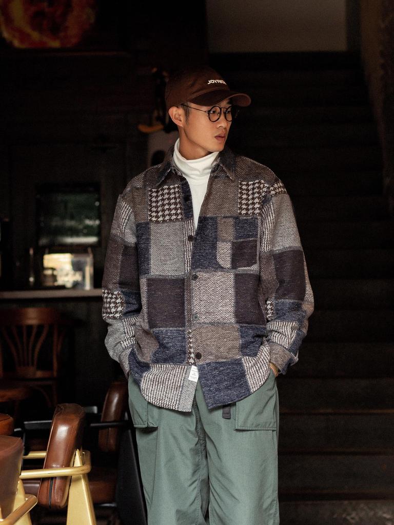 Fashion Long Sleeve Shirt Autumn Clothes Retro Switching Design Thick Patchwork Tweed Check Outerwear [CHANGE WELL] Men's Spring/Autumn/Winter