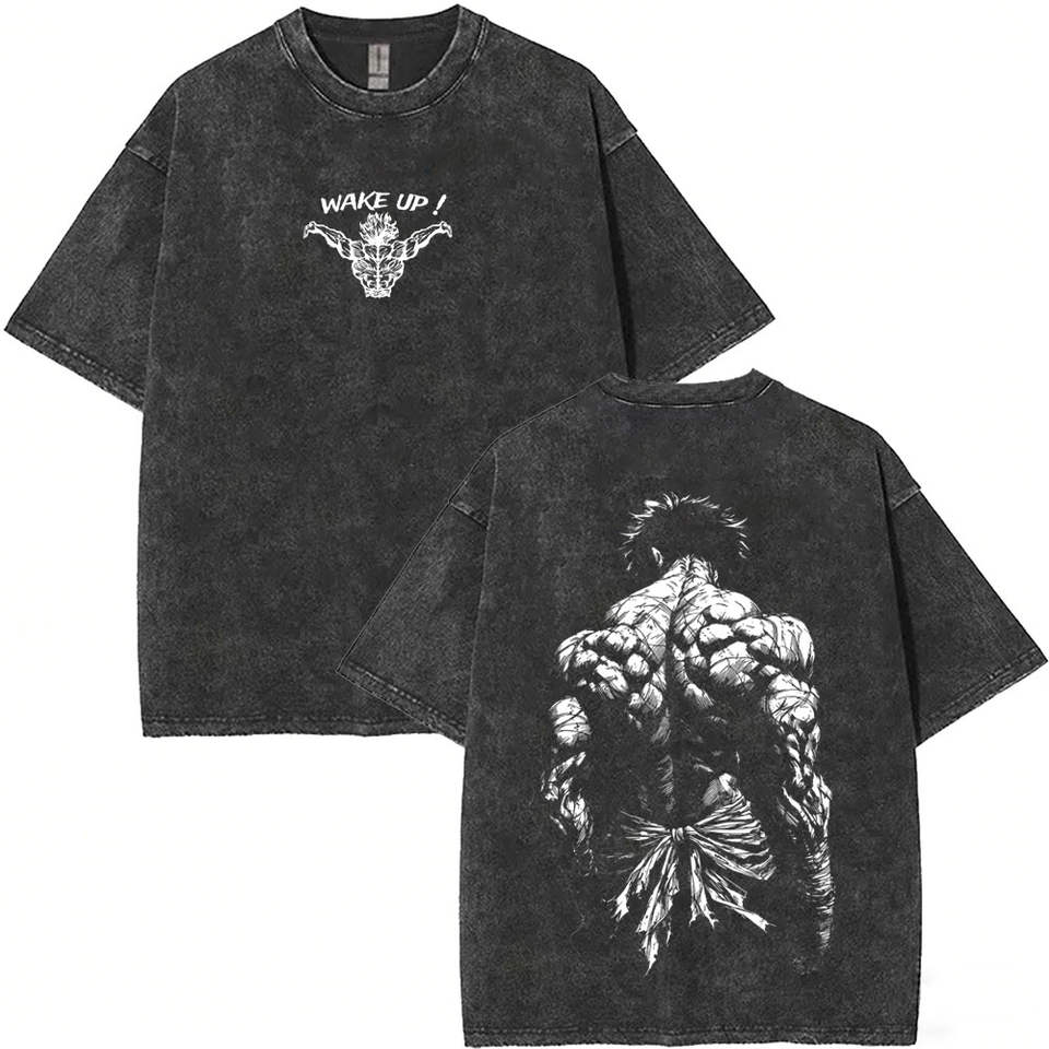 Washed Vintage Anime Baki Hanma Wake Up T-shirt Men Women Retro Manga Oversized T-shirts Men's Casual Cotton T Shirts Streetwear