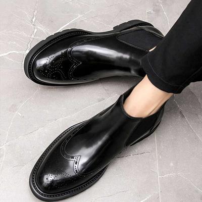 British Style Men's Brogue Detailing Chelsea Boots High Top Business Casual Leather Black Work Boots