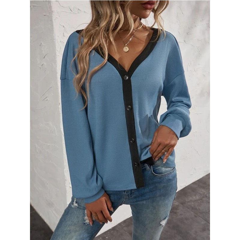 Damen-Cardigan, T-Shirt, V-Ausschnitt, langärmelig, Waffel-Cardigan, Knopfstrick-Oberteil, Jacke