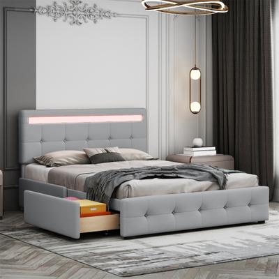 140 X 200cm Upholstery Bed with LED, Slatted Frame and Bed Box On Rolls, Single Bed with Headboard and 4 Drawers, Linen Surface Children Youth Bed
