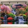 Japanese pink cherry blossom tree wallpaper: mountain wall art, waterfall and spring landscape for bedroom or living room.