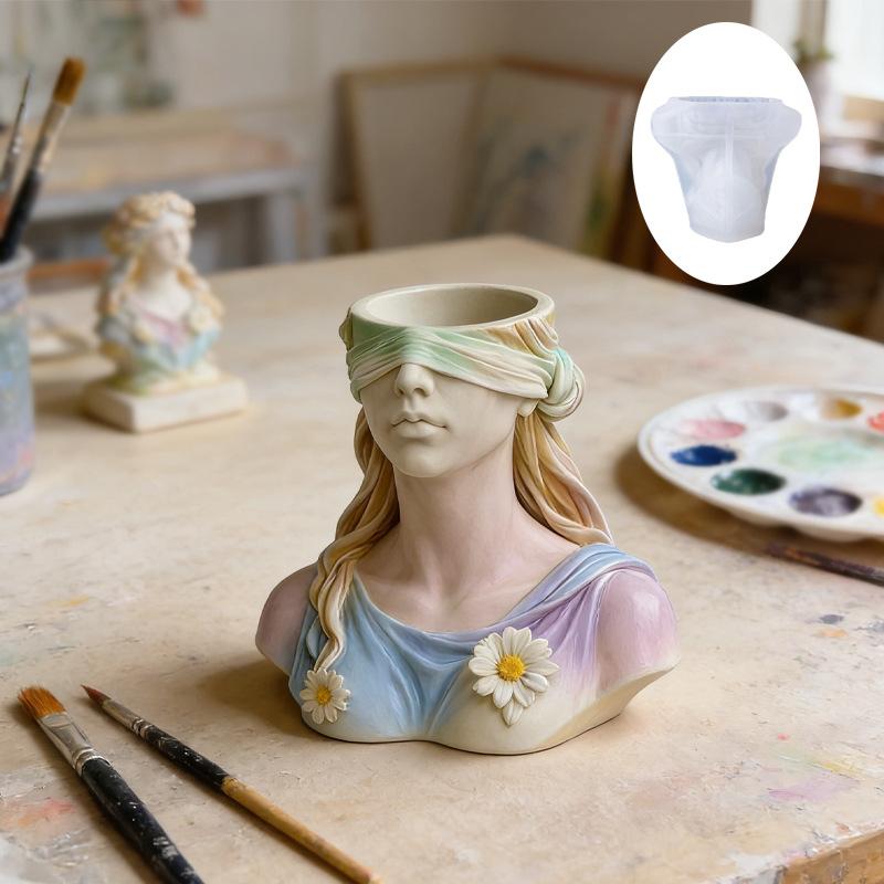 Mystery Goddess Blindfold Mold for DIY Plaster Cement Cup - Silicone Mold for Resin Flower Pot Vase Pencil Holder Jewelry Tray