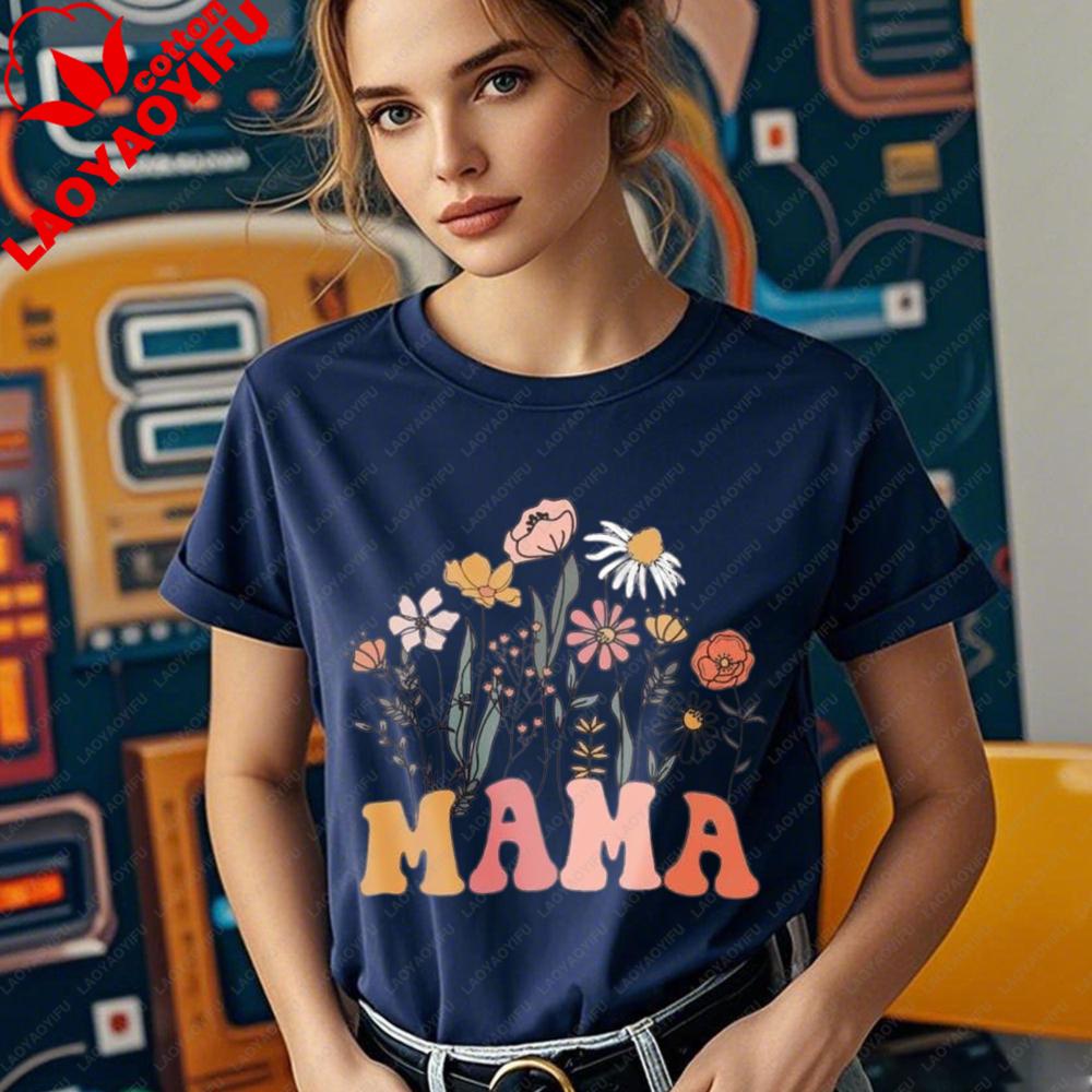Mama Floral Shirt Women Mom Vintage Boho Wild Flowers Graphic Tshirt Cottagecore Gardening Tops Mothers Day Gift Casual Tee