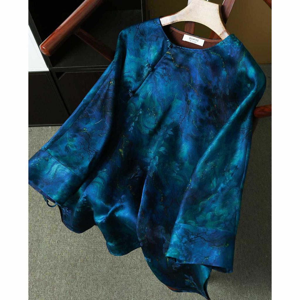 Women's Floral Silk Xiangyunsha Oblique Lapel Tie-Up Shirt - Man-made Silk, Loose Fit, National Style, for Spring/Summer