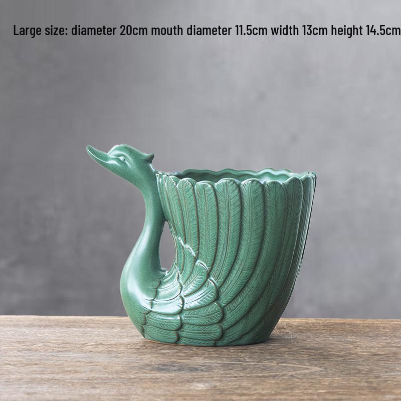 Vintage Green Swan Ceramic Flower Pot with Tray - Breathable Pottery for Orchids and Succulents
